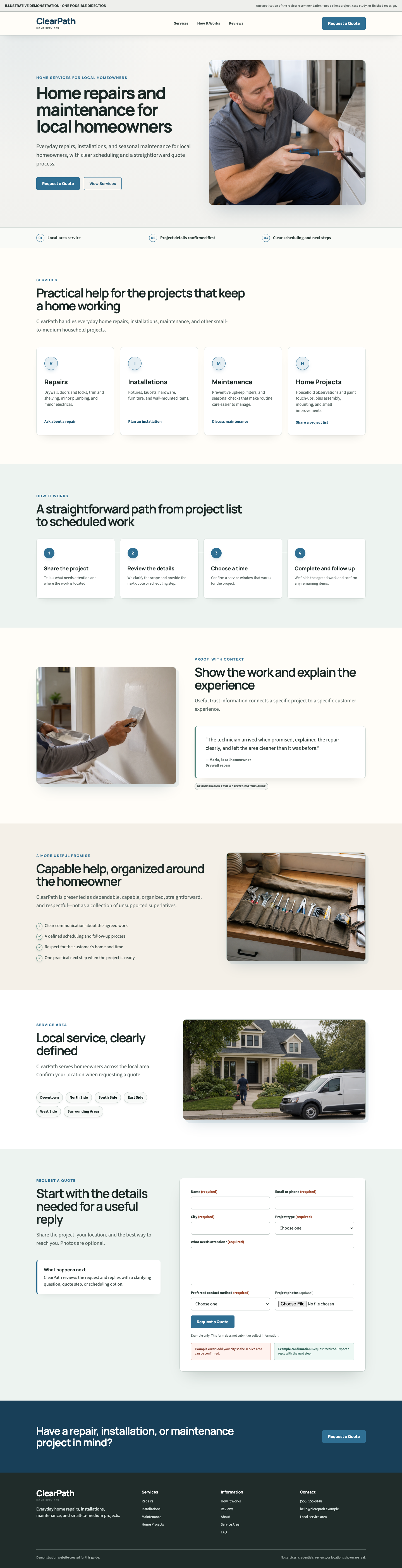 Illustrative ClearPath opening that identifies home repairs and maintenance for local homeowners and presents a clear quote action.