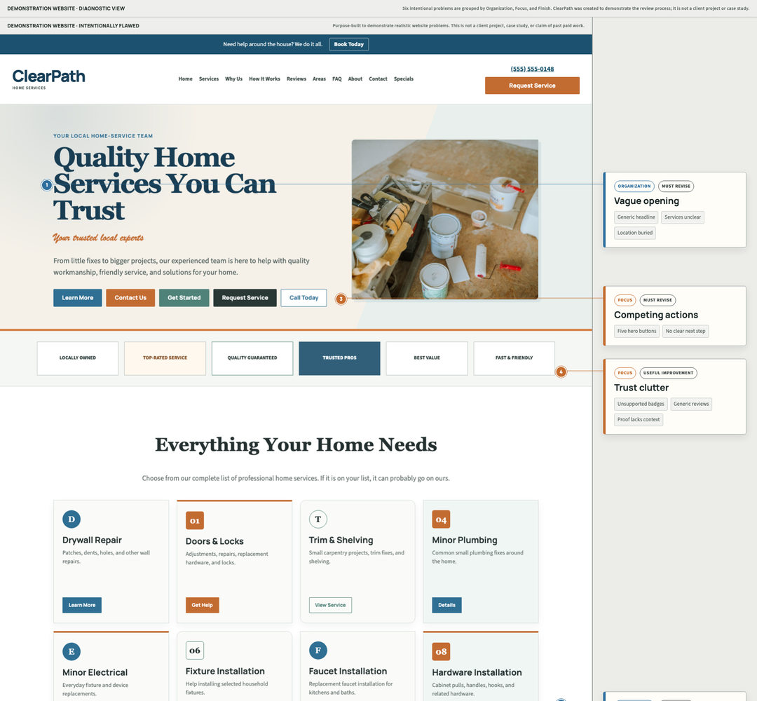 Annotated screenshot of a purpose-built demonstration homepage focused on the vague opening review note.