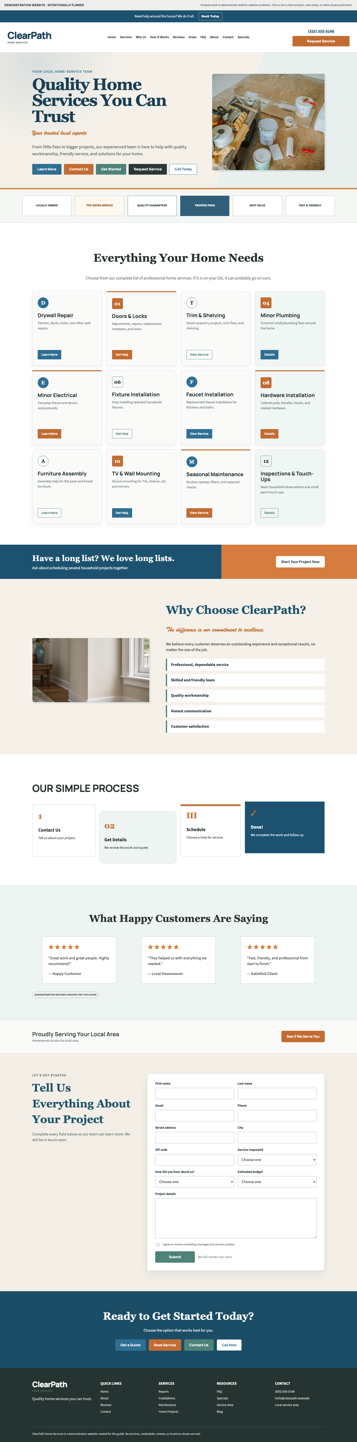 Purpose-built demonstration homepage used to illustrate a vague opening headline, competing action buttons, and unsupported trust badges.